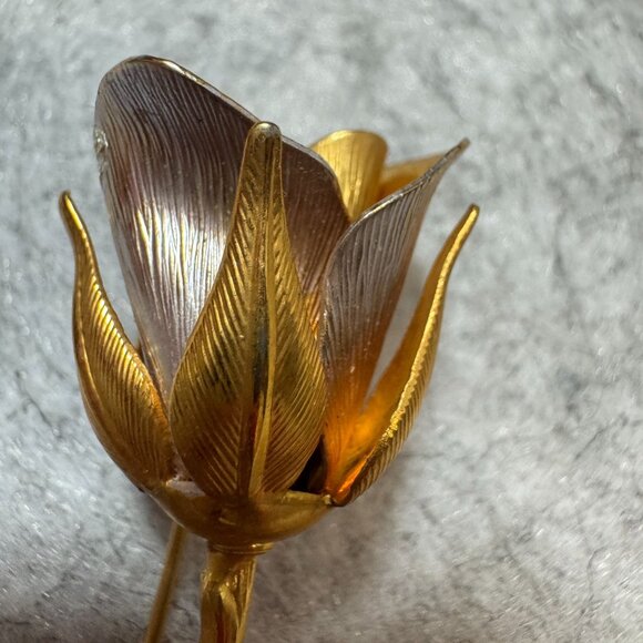 Vintage Gold & Silver Tone Metal Rose Flower Brooch Pin Jewelry 1960's - Picture 2 of 8